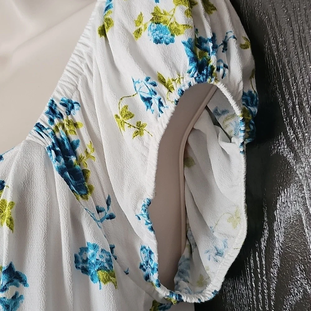 Free People White Floral Button Front Blouse with Blue and Green Print